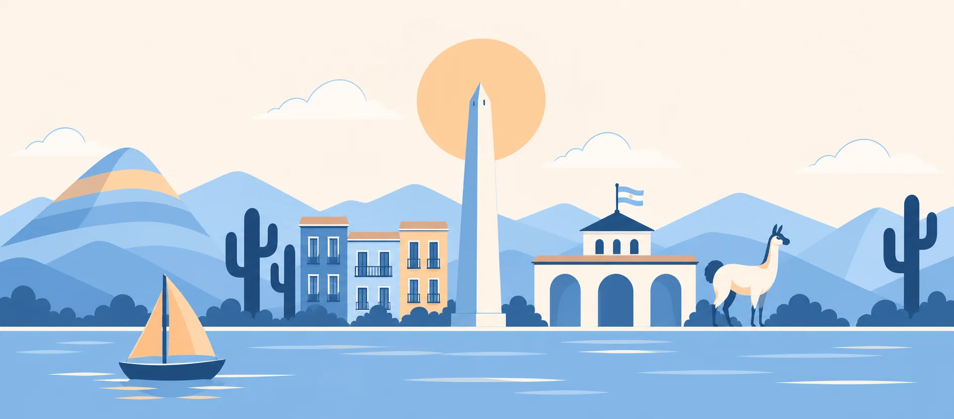Illustrazione: l'Obelisco di Buenos Aires davanti al sole, le case colorate del Caminito, il Cerro de los Siete Colores, i cardones, un edificio coloniale con la bandiera argentina, un lama e una barca a vela