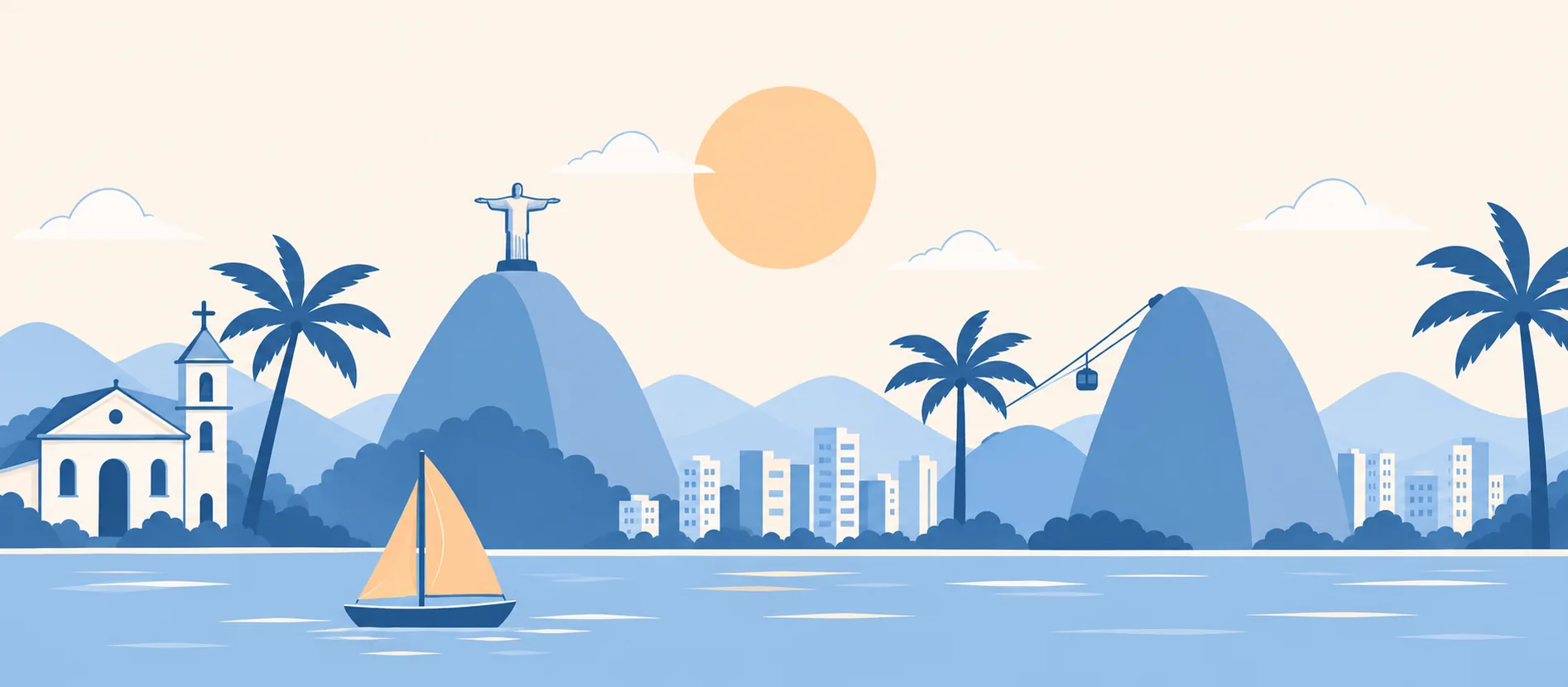 Illustrazione: il Cristo Redentore sul Corcovado, il Pan di Zucchero con la funivia, una chiesa coloniale, le palme, i palazzi sul lungomare e una barca a vela