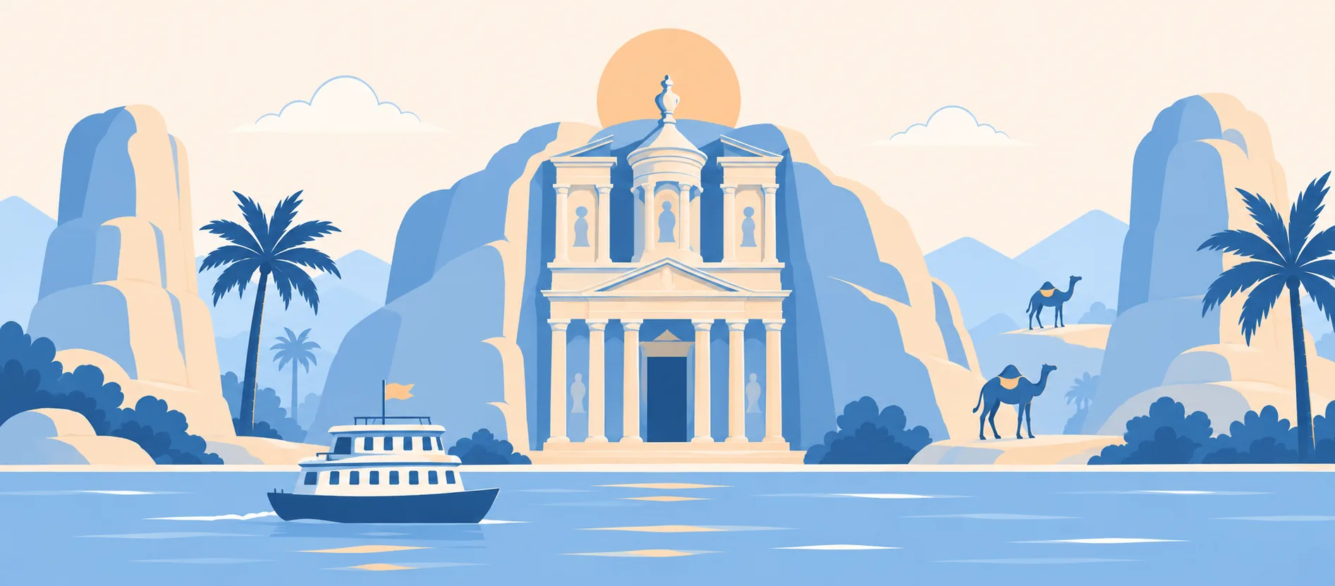Illustrazione: il Tesoro di Petra scavato nella roccia rosa, le pareti di arenaria, le palme, due cammelli e un battello