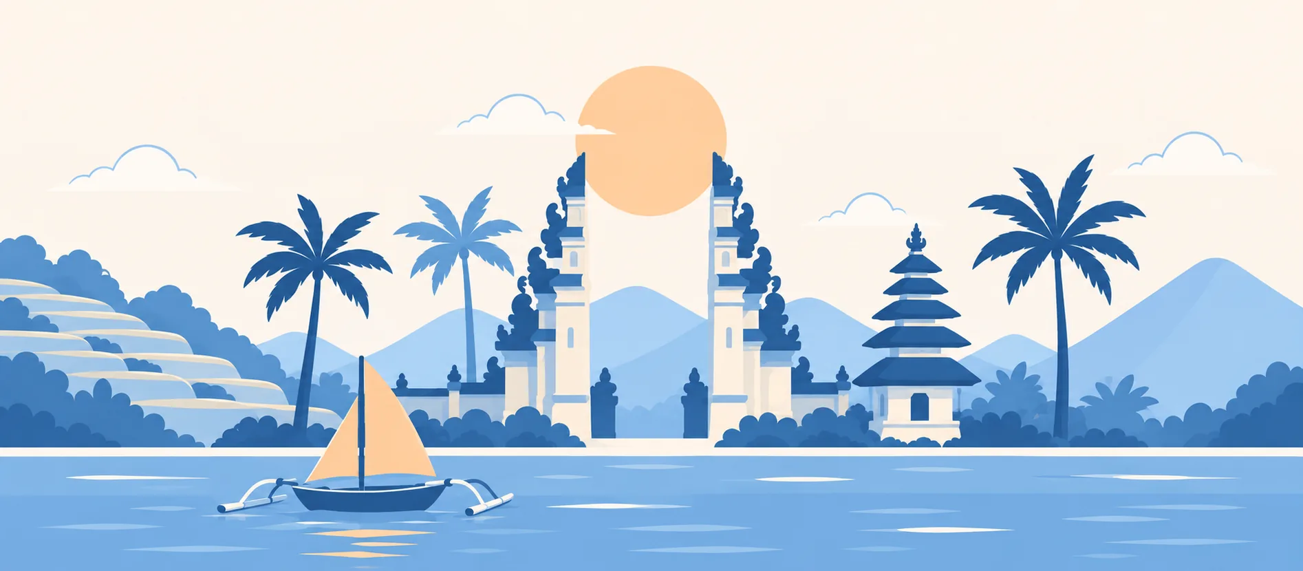 Illustrazione: la porta divisa di un tempio balinese con il sole nel mezzo, un tempio a tetti sovrapposti, le risaie a terrazza, i vulcani sullo sfondo e una barca a bilanciere