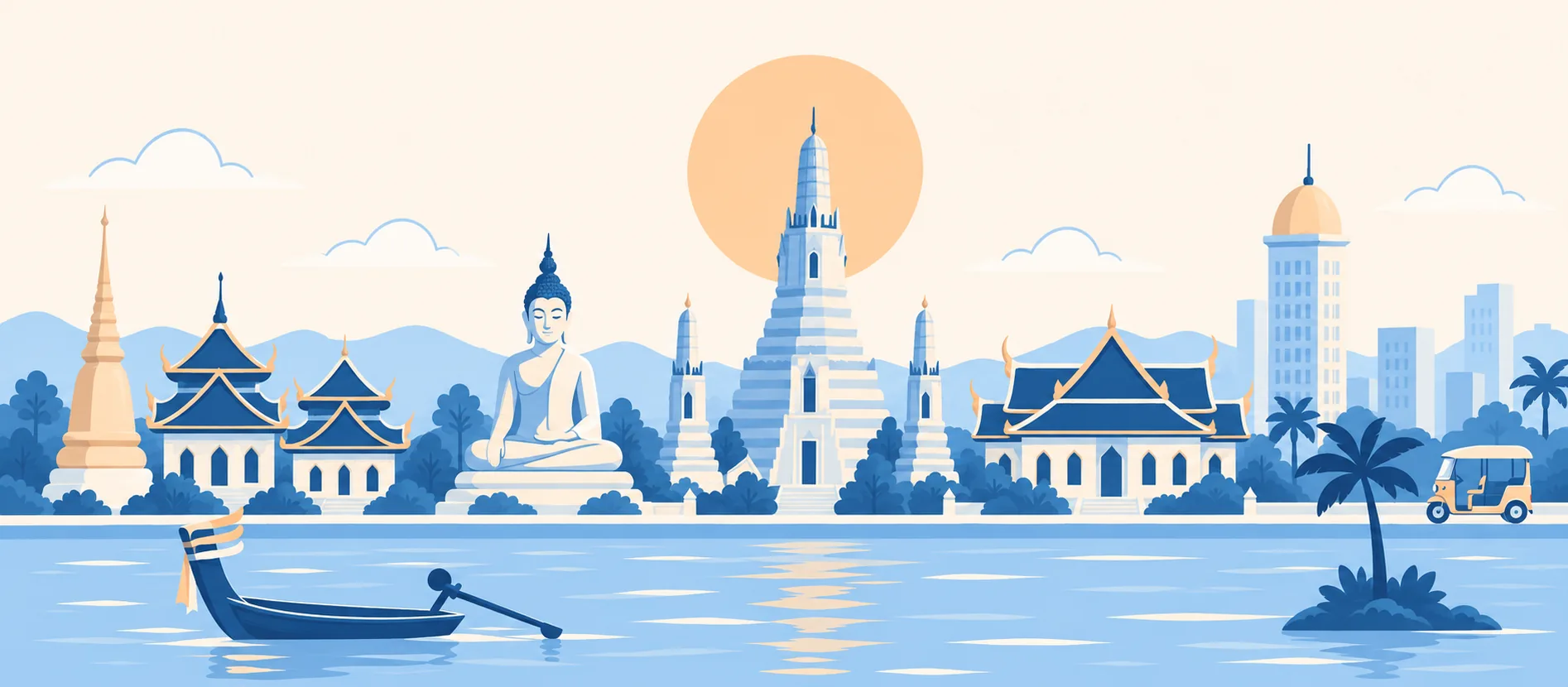 Illustrazione: il Wat Arun sul fiume con il sole alle spalle, un Buddha seduto, templi dai tetti a punta, uno stupa dorato, una long-tail boat e un tuk-tuk