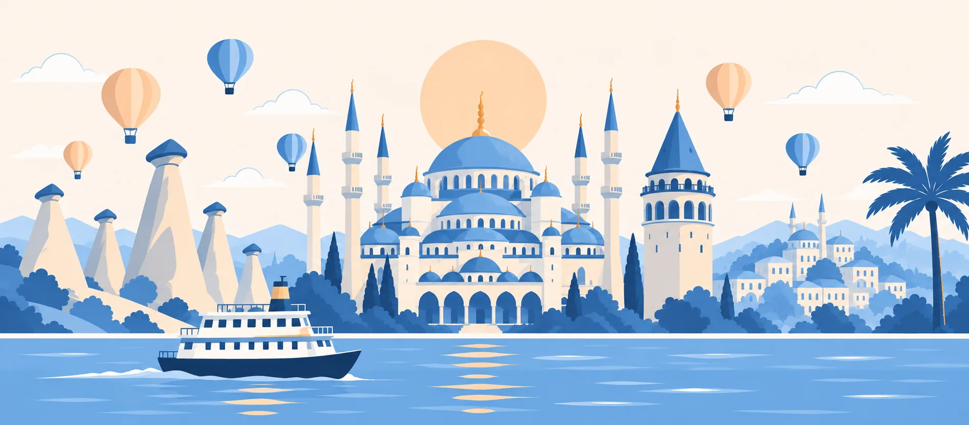 Illustrazione: la Moschea Blu con i minareti, la Torre di Galata, i camini delle fate e le mongolfiere della Cappadocia, e un traghetto sul Bosforo
